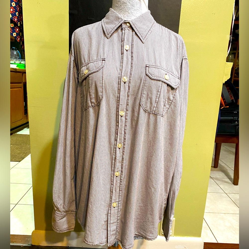 Men’s long-sleeve button down shirt, chocolate/white striped. Size Large.